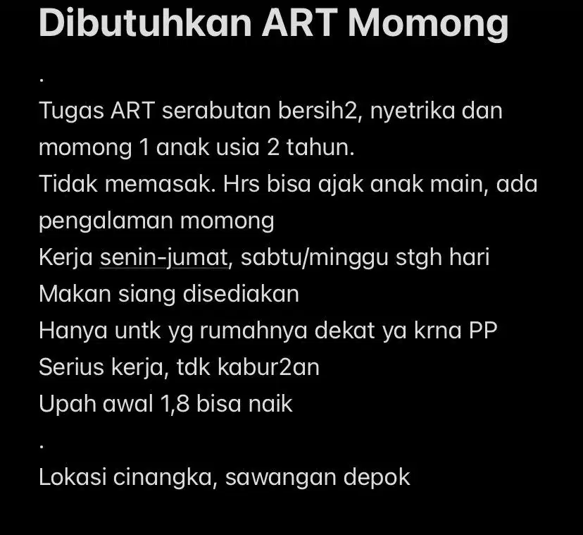 Dibutuhkan ART Momong Cinangka Sawangan