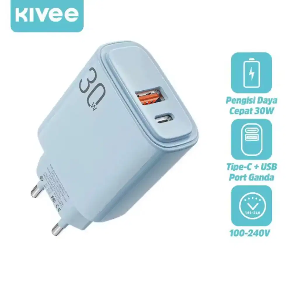 Kivee Basike Kepala Charger 2 Port USB 30W PD Fast Charging iPhone And