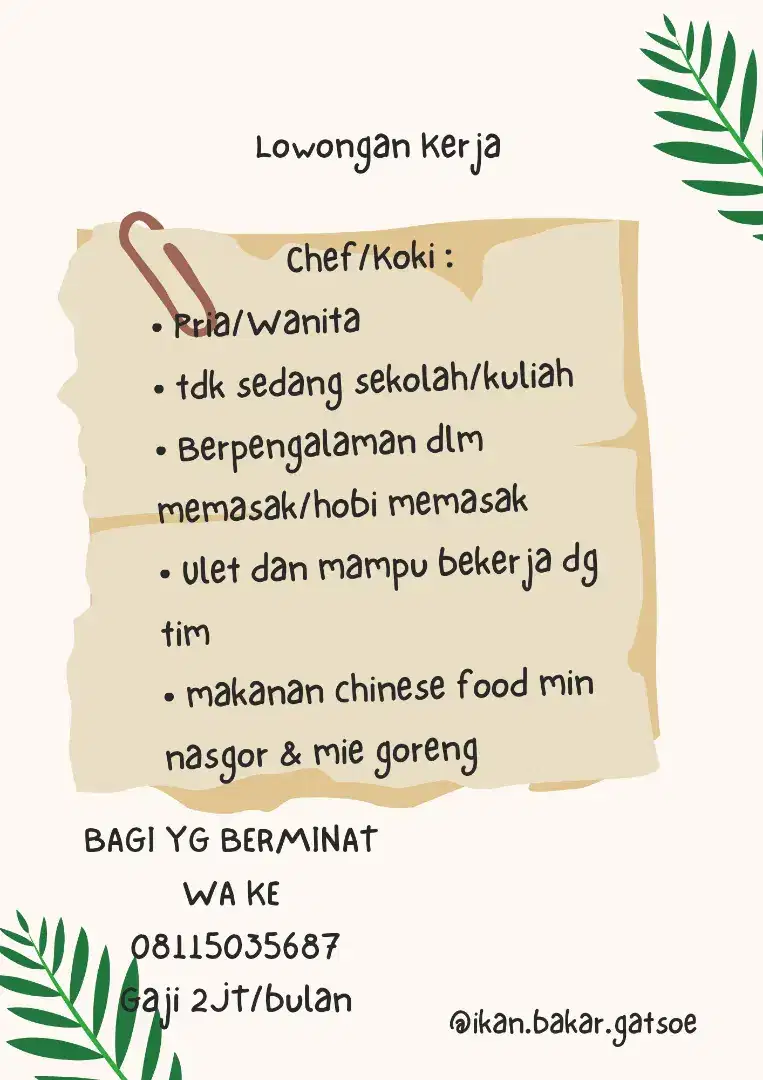 LOKER CHEF/KOKI/TUKANG MASAK