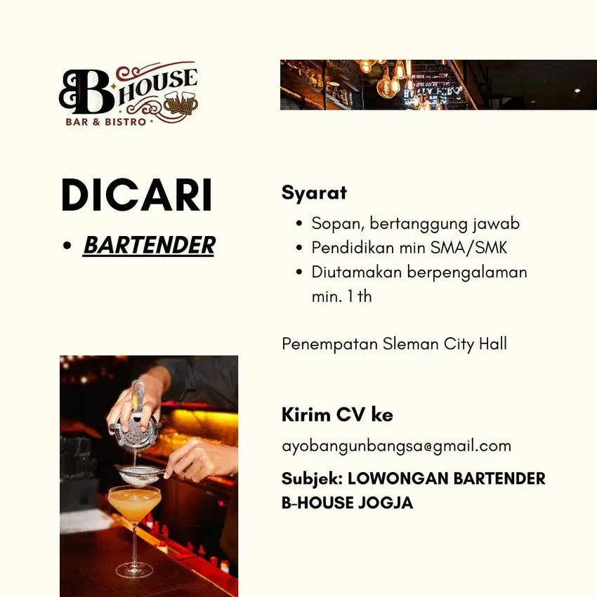 Lowongan BARTENDER Cafe bhouse Jogjakarta