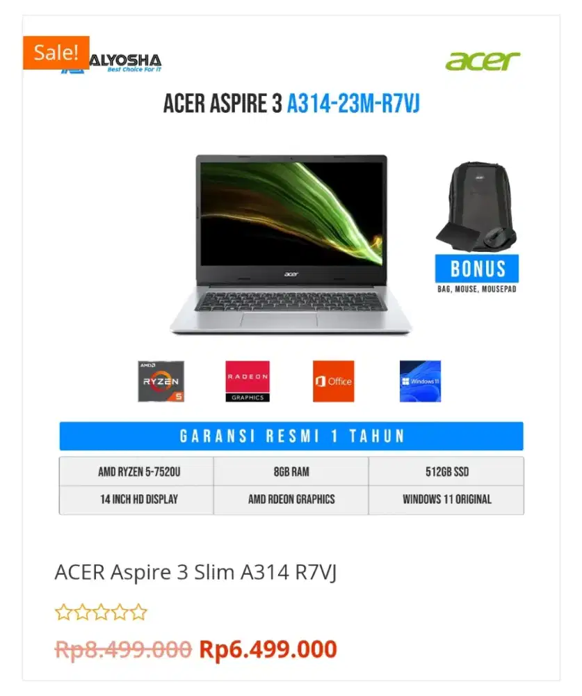 Acer Aspire 3 23M R7VJ bisa kredit tanpa DP