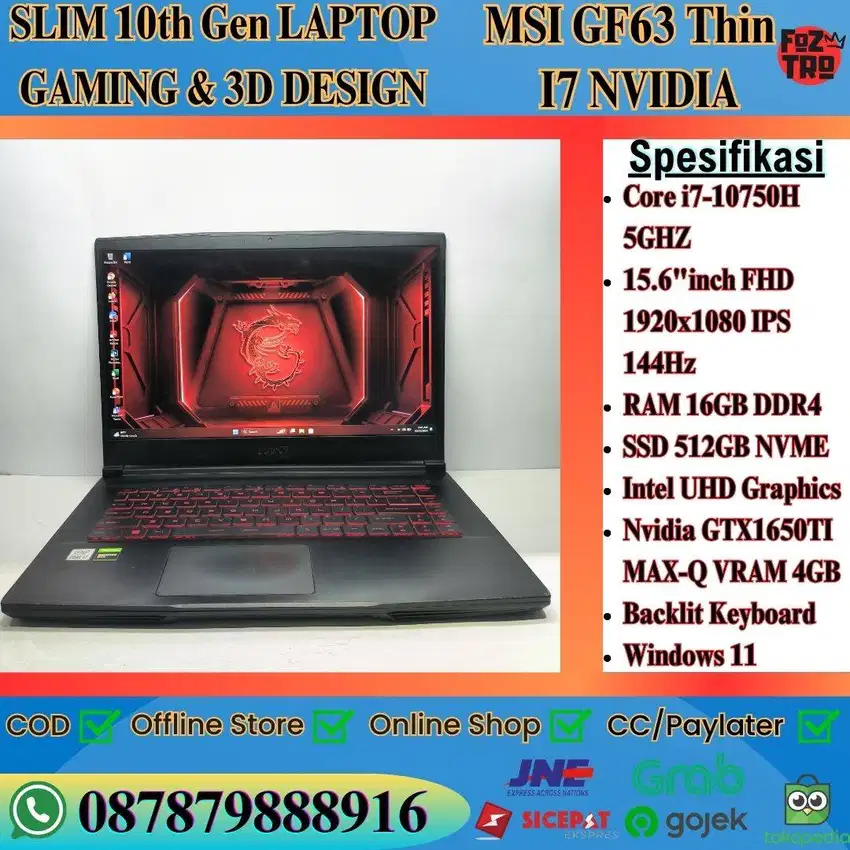 Laptop Gaming MSI GF63 THIN i7 GEN10 Nvidia GTX1650 No Minus 16/512GB