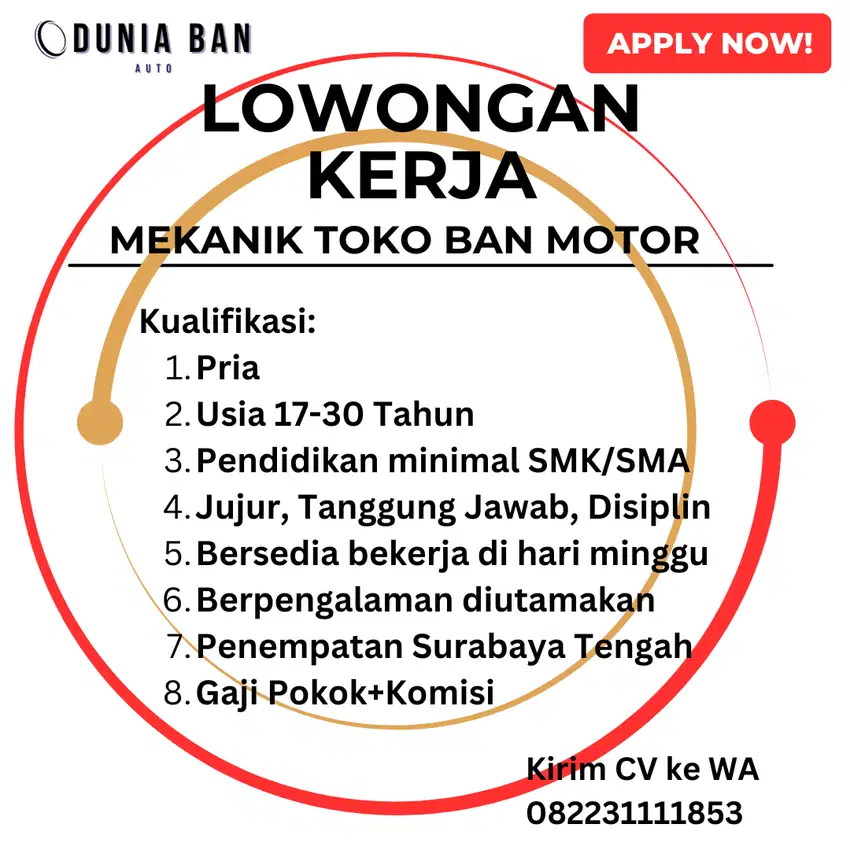 DIBUKA LOWONGAN UNTUK MEKANIK TOKO BAN MOTOR