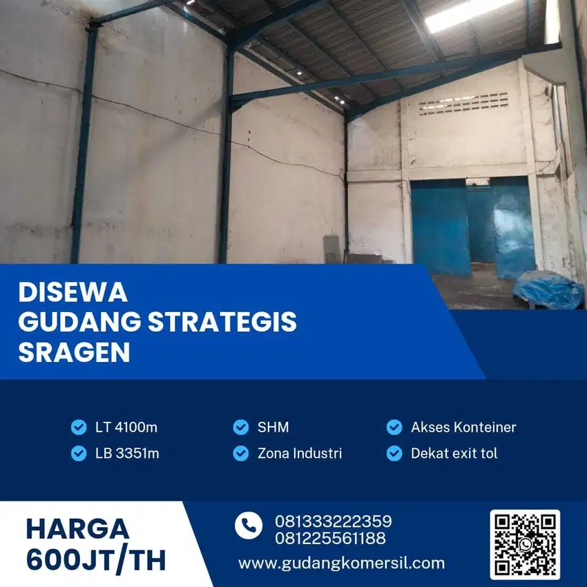 Disewakan Gudang Strategis Zona Industri 4100m2 Lokasi Sragen