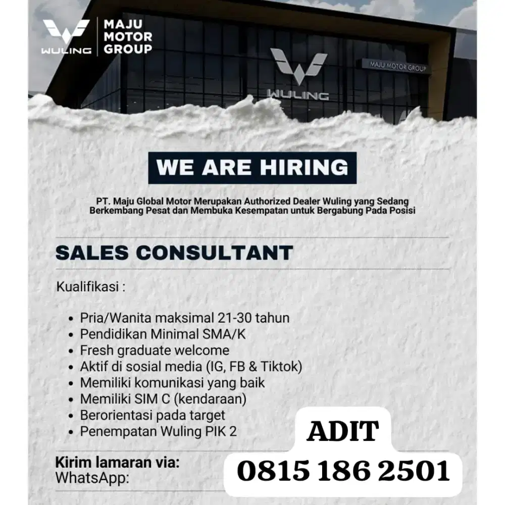 Sales Consultant Otomotif Wuling Maju Motor PIK 2
