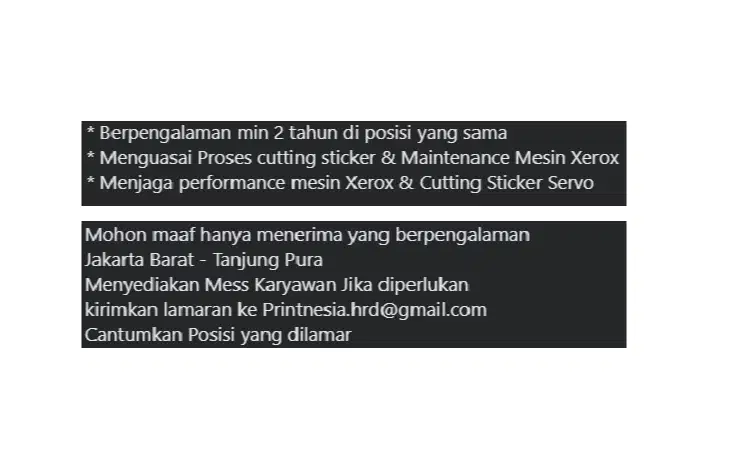 Lowongan Pekerjaan bagian Operator Cetak & Cutting Sticker Servo