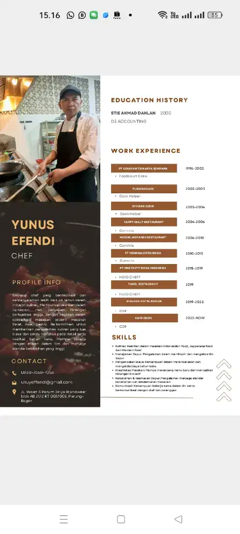 Cari kerja Chef/Headchef/CDP/privetChef/menjalin kerjasama