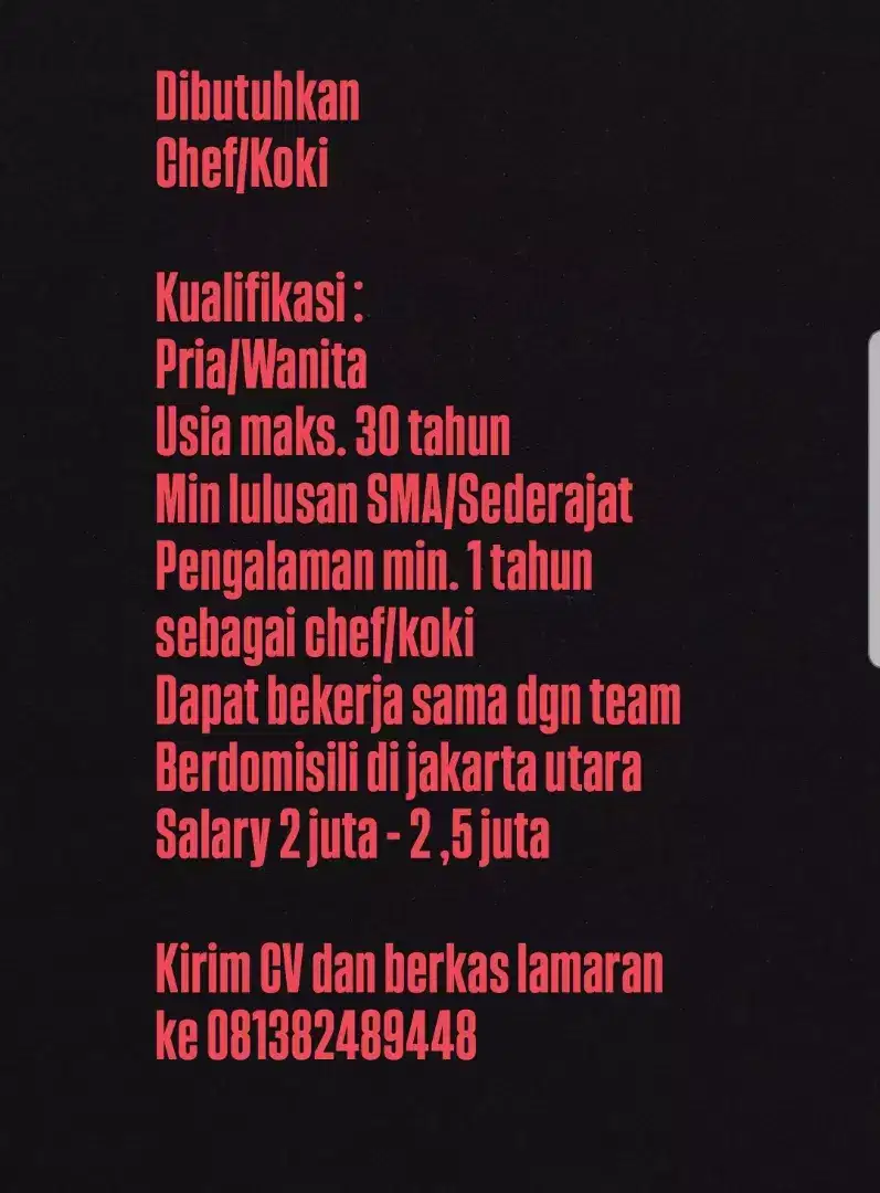 Dibutuhkan Chef/Koki