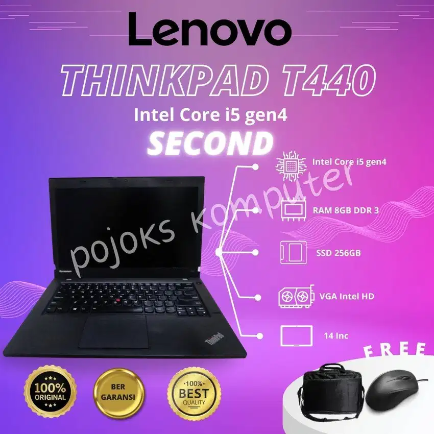 LAPTOP (LENOVO THINKPAD T440)CORE i5 GEN4 8GB SSD256GB SECOND NOTEBOOK