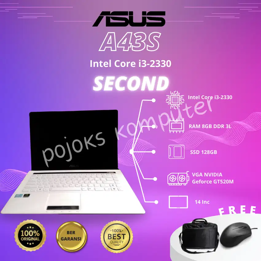 LAPTOP (ASUS A43S) Core i3 8GB 128GB SSD Second