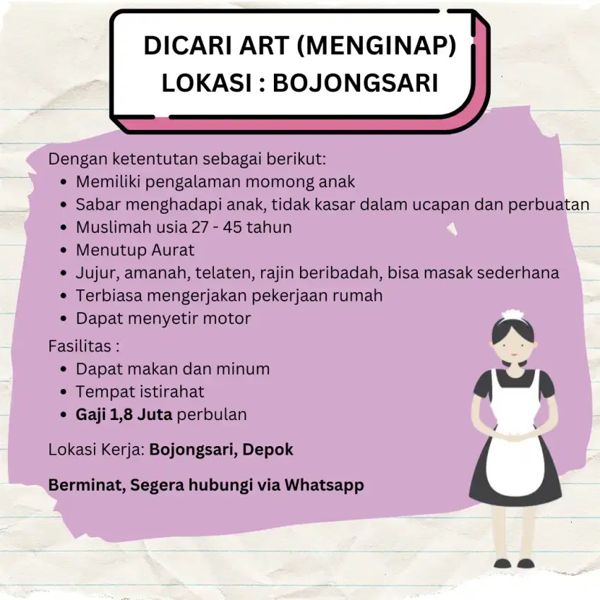 Dicari ART ! Menginap