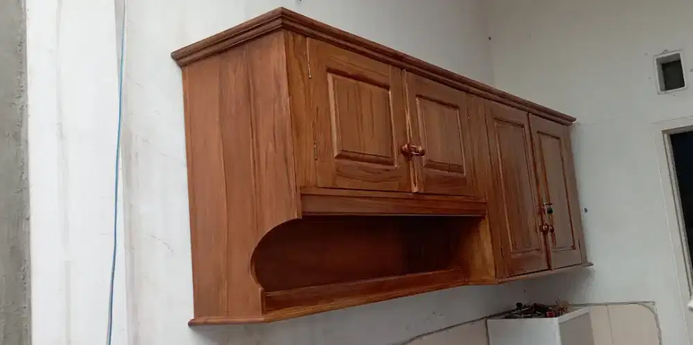 Rak Dapur Kayu Jati 2 Meter Motif Minimalis Finishing Natural Rustic