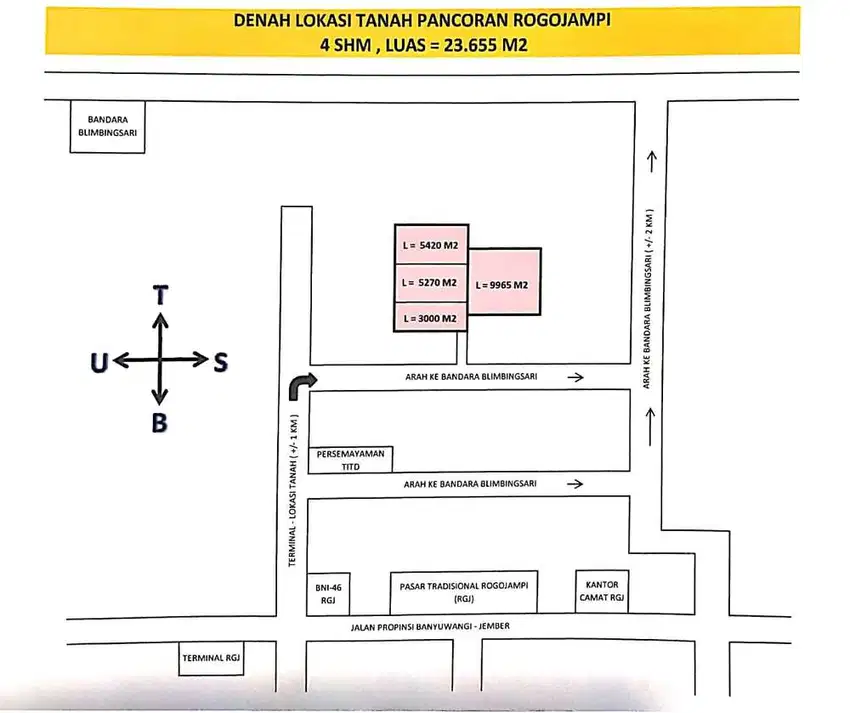 Tanah Pancoran Rogojampi 23655 M2, Pantai Blimbingsari 10 menit