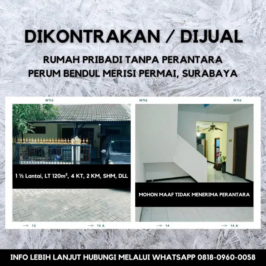 DIKONTRAKAN / DIJUAL Rumah Pribadi di Bendul Merisi Permai, Surabaya