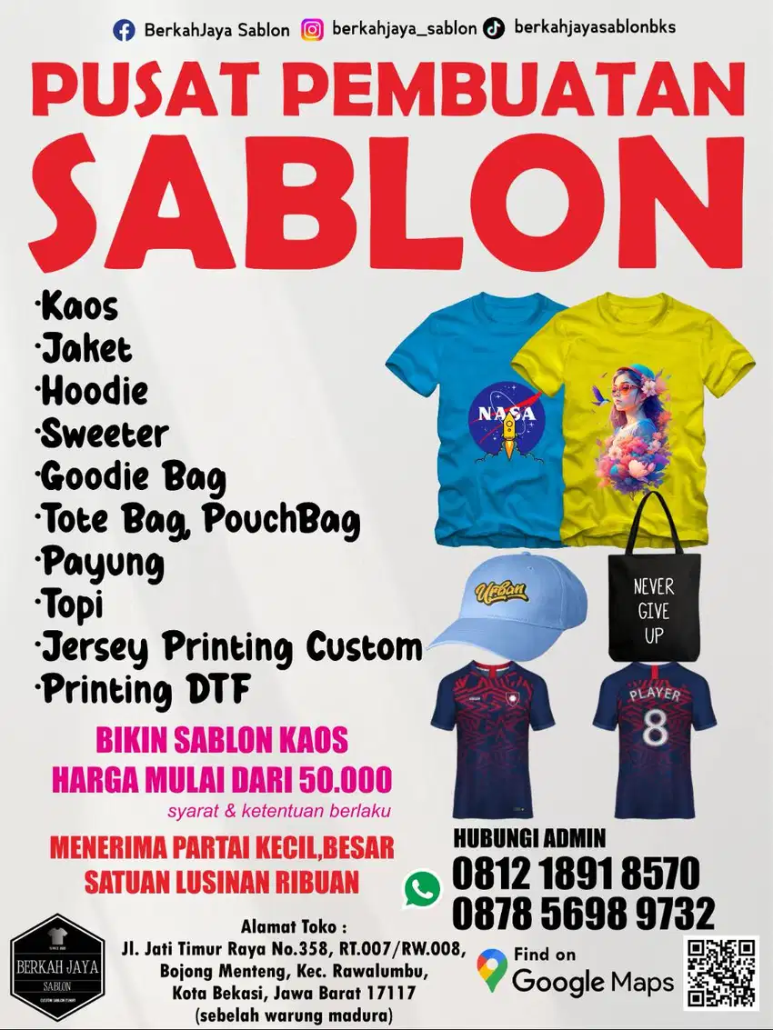 SABLON KAOS,JAKET,HOODIE,TOPI,DLL