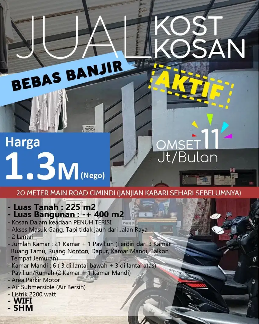 DIJUAL KOST KOSAN AKTIF CIMINDI BEBAS BANJIR 21 KAMAR +PAVILIUN