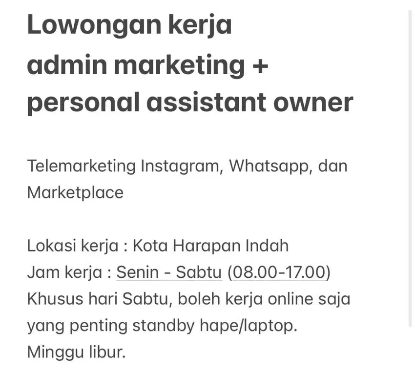 Lowongan Kerja Admin Marketing + Asisten