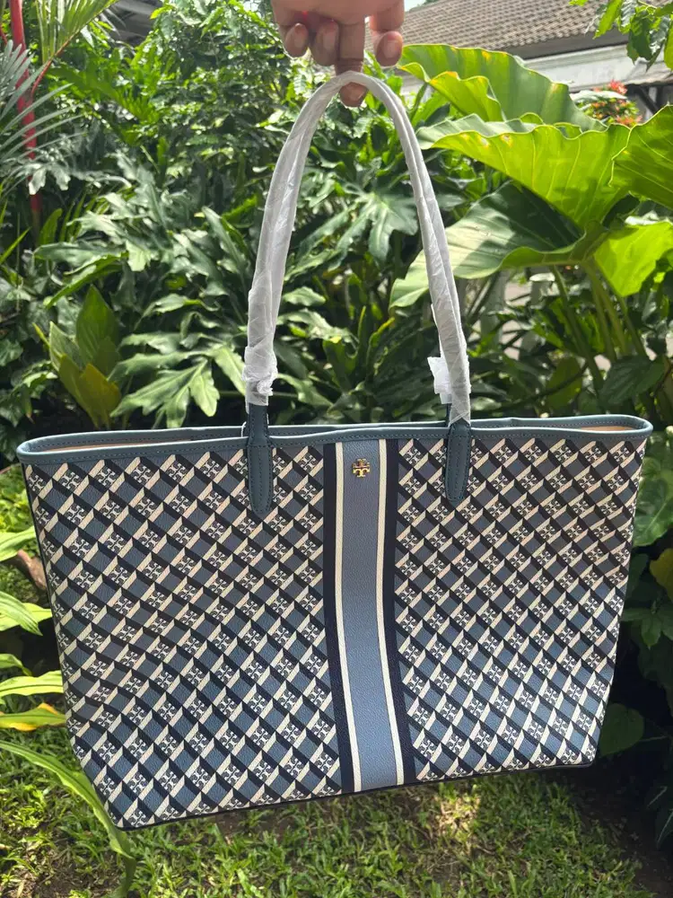 TORY BURCH Geo Logo Stripe Tote Navy [NEW] MURAH