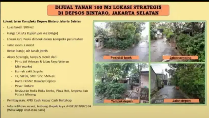 Dijual Cepat Tanah Hook Lok Strategis Depsos Bintaro, di Jkt Selatan