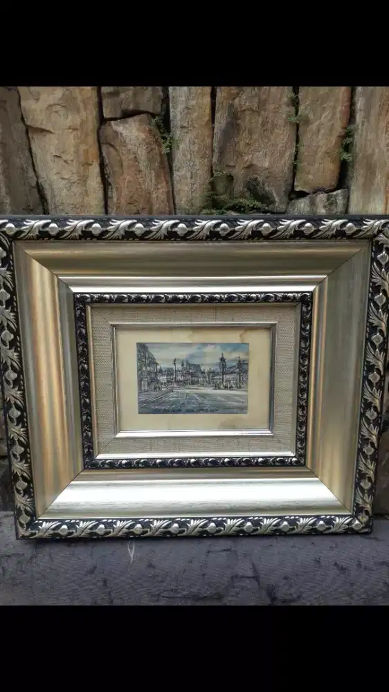 Antik vintage lukisan eropa kota warsawa polandia bingkai ukir mewah