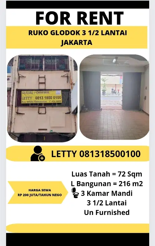 Sewa Ruko Glodok 3 1/2 Lantai Jakarta Rp 200 Juta / tahun Nego