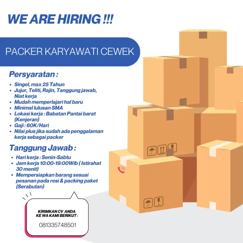 Lowongan Staf karyawati Cewek packer packing paket online shop