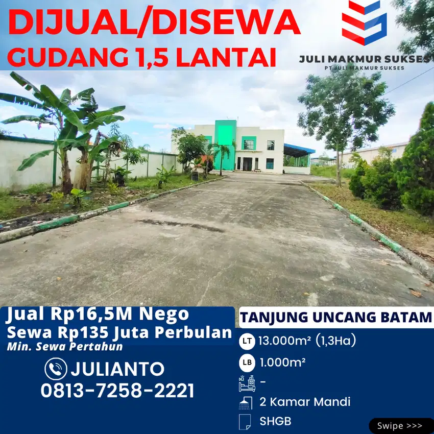 Dijual Gudang 1,5 Lantai di Tanjung Uncang Batam