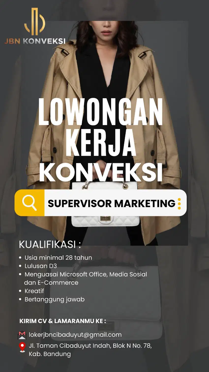 LOWONGAN PEKERJAAN Supervisor Marketing PT. JBN Konveksi