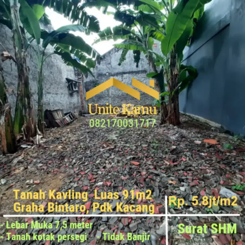 Tanah Kavling Area Graha Bintaro Jaya, Pondok kacang timur. 91m2 SHM