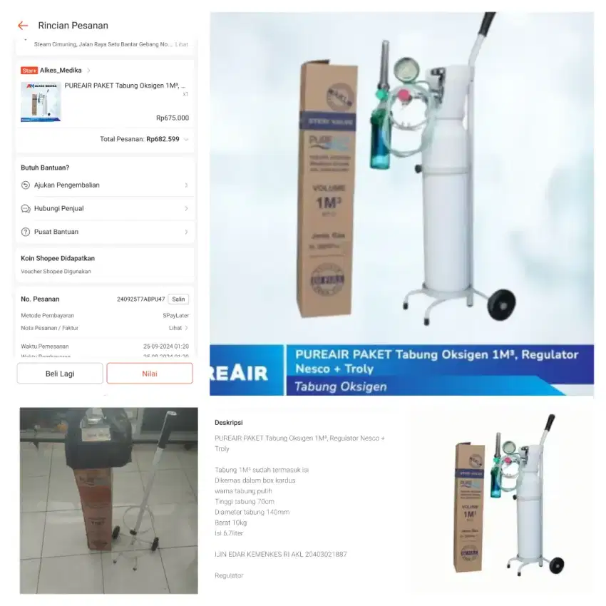 PUREAIR PAKET Tabung Oksigen 1M3, Regulator Nesco + Troly