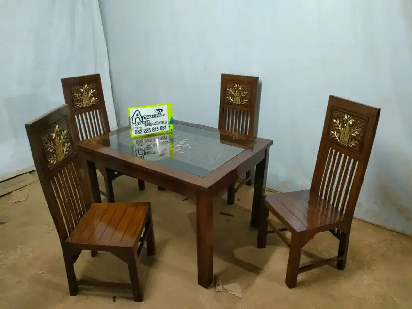 Meja makan balero minimalis set kaca full kayu jati