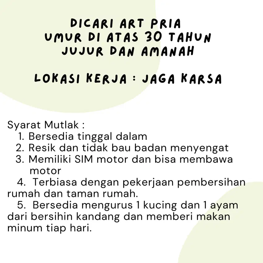 DICARI ART PRIA PENGALAMAN MENGURUS RUMAH