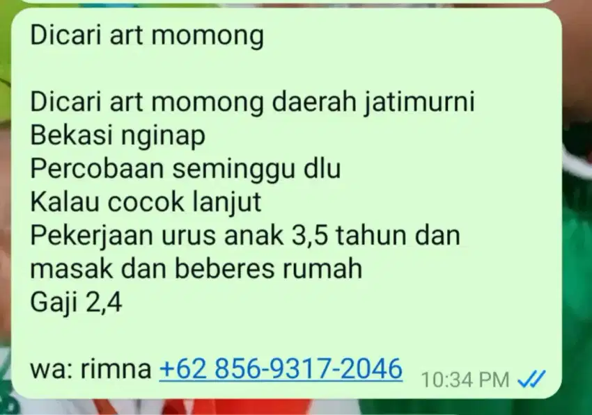 Dicari ART Momong Bersih Bersih Cibubur