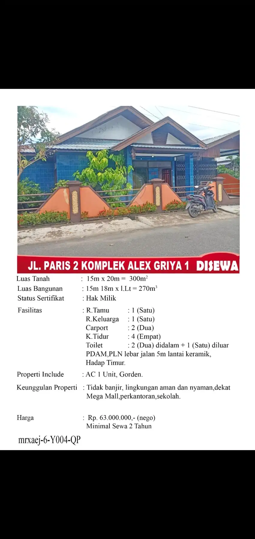 Disewakan rumah lokasi kota pontianak