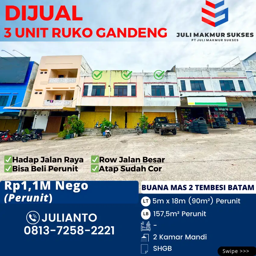 Dijual 3 Unit Ruko Gandeng di Buana Mas 2 Tembesi Batam