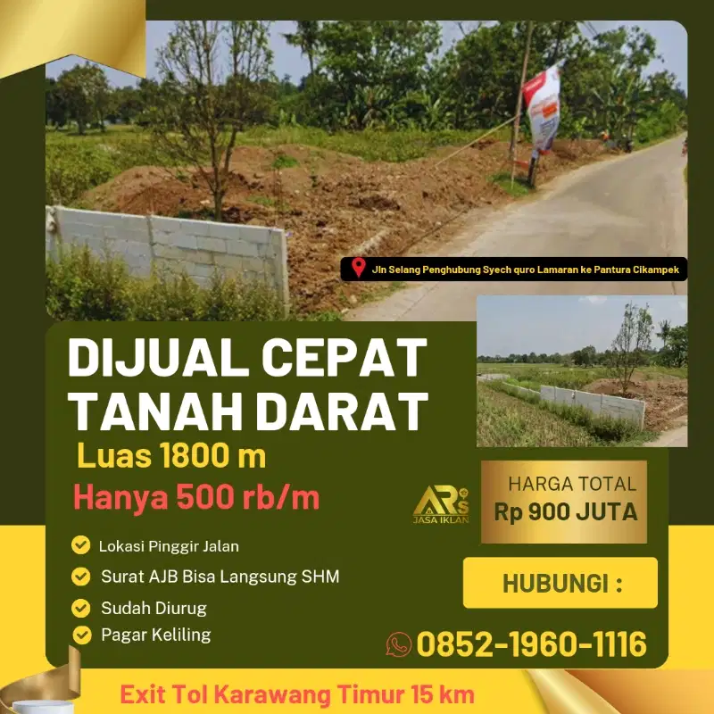 Dijual Cepat Tanah Luas 1800 m Harga 500 ribu/m Di Karawang