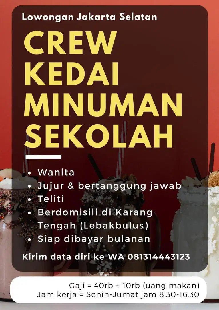 Lowongan Crew Kedai Minuman Sekolah Lebak Bulus