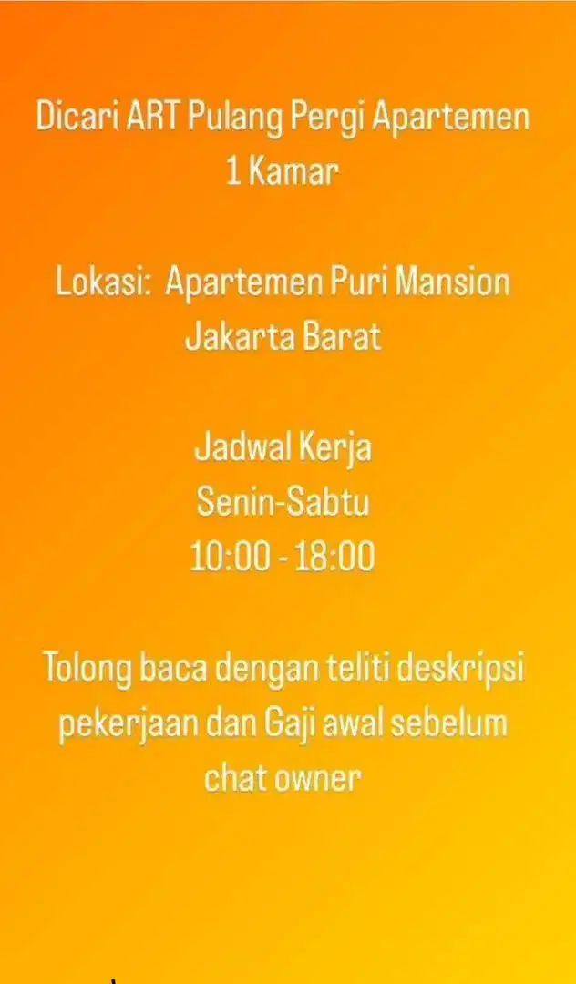 Dicari ART Pulang Pergi Puri Mansion