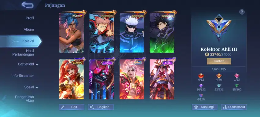 Jual akun mobile legen, suda ada skin Xavier,yin,Julian jujutsu kaisen