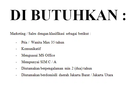 Dibutuhkan Marketing / Sales