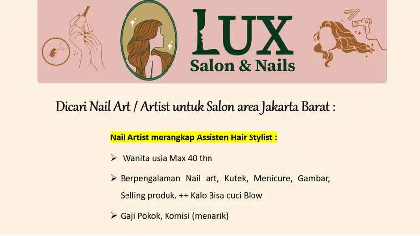 Dicari Nail Artist & Asisten untuk Salon area Jakarta Barat :