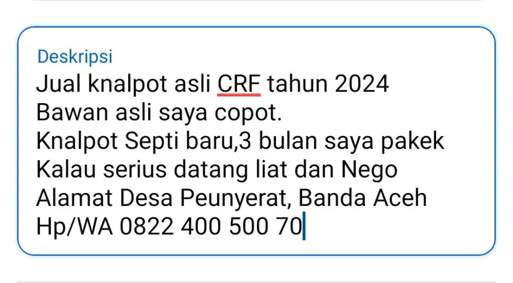 Jual knalpot Asli CRF THN 2024 masih 3 bln