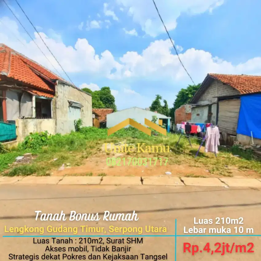 Tanah 210m2 bonus rumah 60m2, di Lengkong, Serpong.