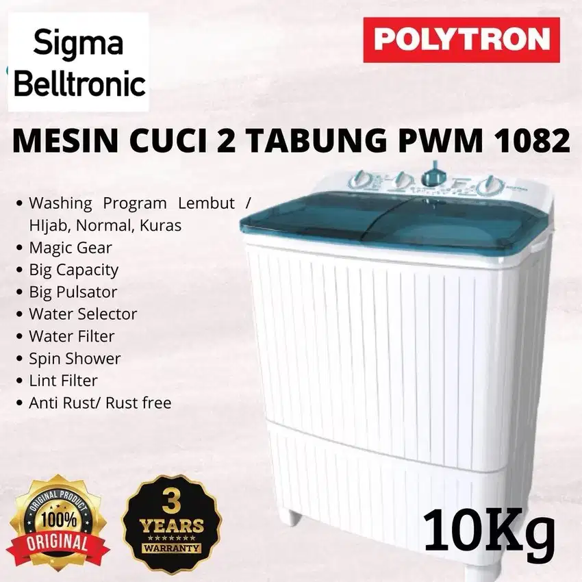 Mesin cuci 10 kg POLYTRON PWM-1082. Cuci & Kering 2 Tabung