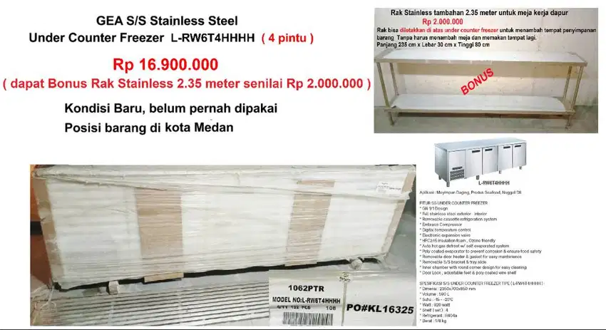 Jual Under Counter Freezer 4 Pintu BONUS Rak Stainless 2 Tingkat