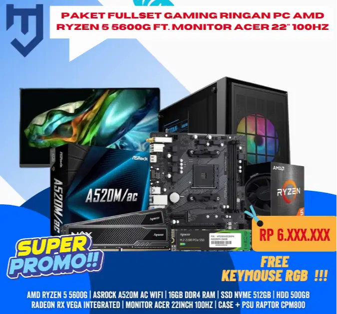 Paket Fullset Gaming Ringan PC AMD Ryzen 5 5600G Ft. Monitor Acer 22