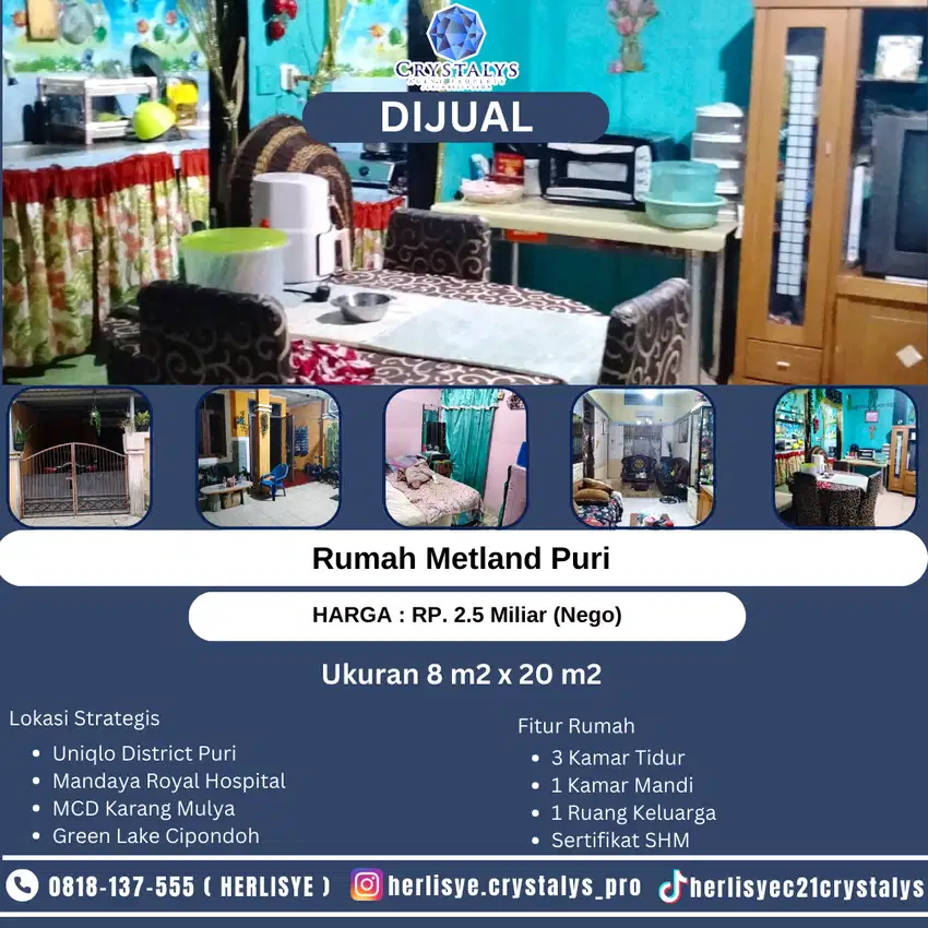 Dijual Rumah di Metland Puri 1 1/5 Lantai, Unfurnish, Lokasi Strategis