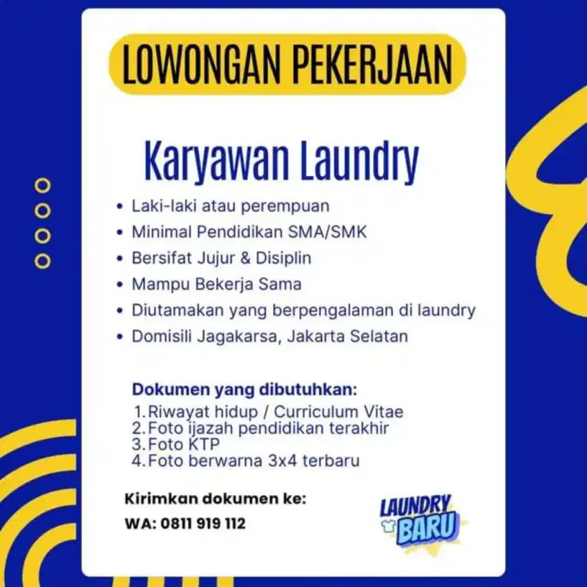 Dicari Karyawan Laundry Pria | Gaji per bulan | Jagakarsa, Lt Agung