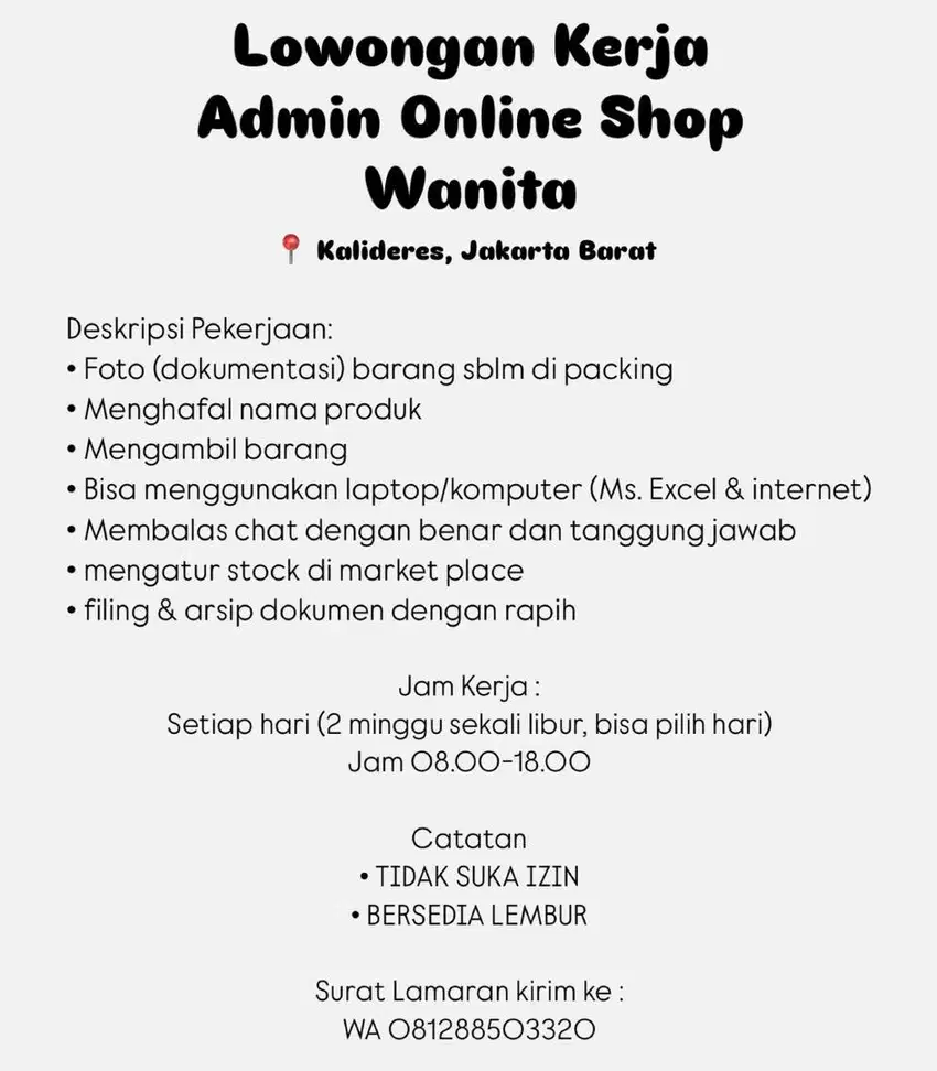 Lowongan kerja admin online shop wanita jakarta barat