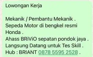 Dicari Mekanik & Pembantu Mekanik untuk Ahass Brivio Motor’s